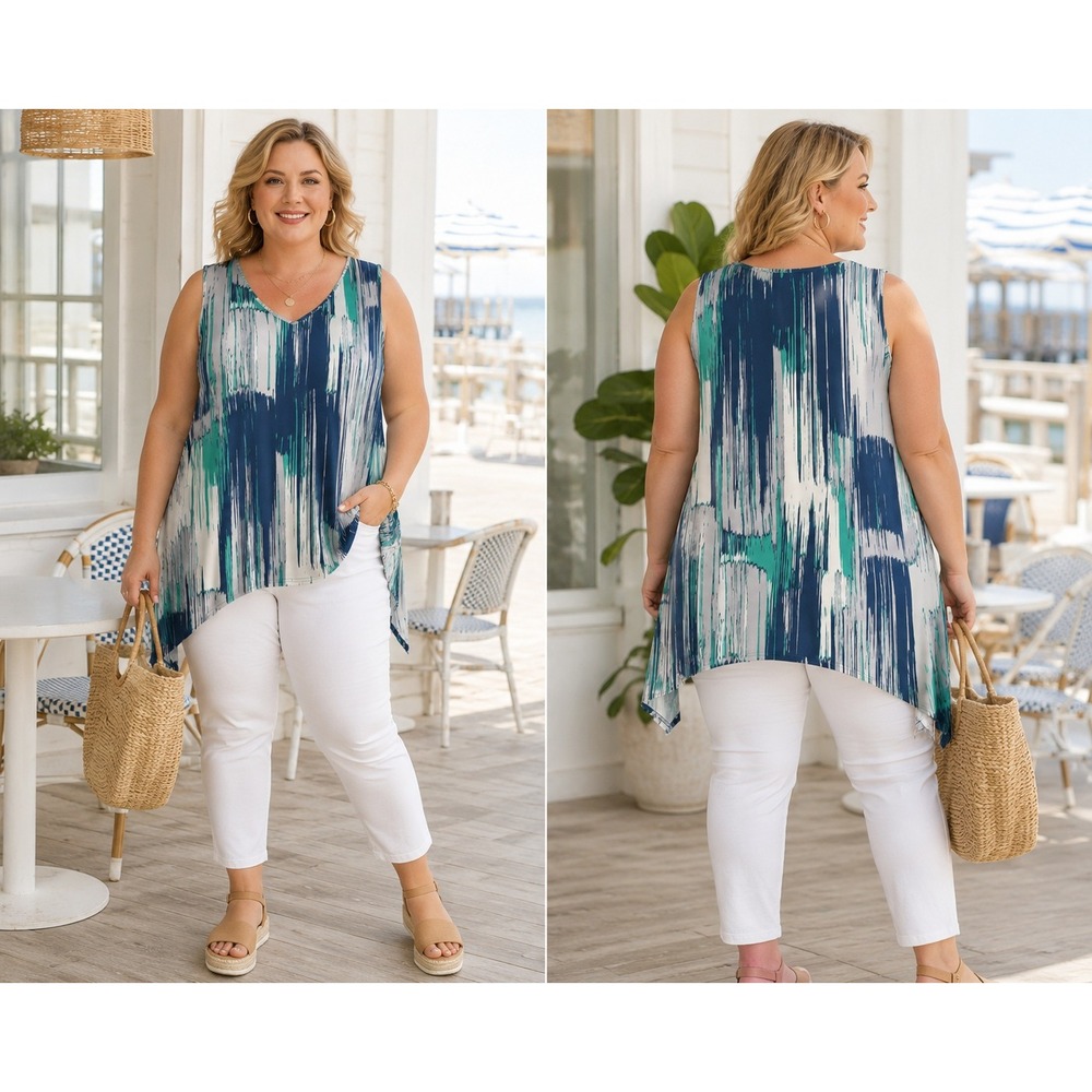 Tank Top Coastal Sleeveless Sharkbite Blouse Blue Green Women 1X Alfani